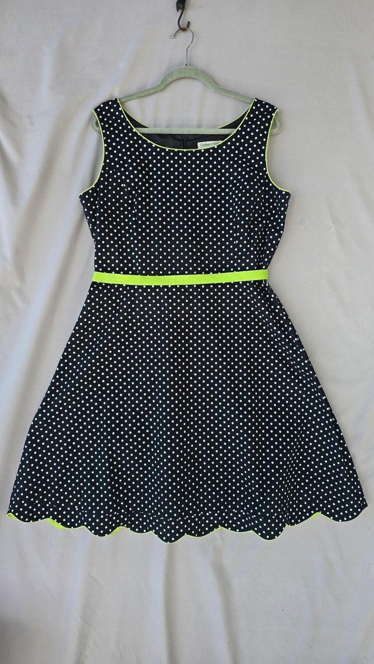 Coldwater Creek Dress Womens Petite 16P Black Polka Dot Belted Fit & Flare